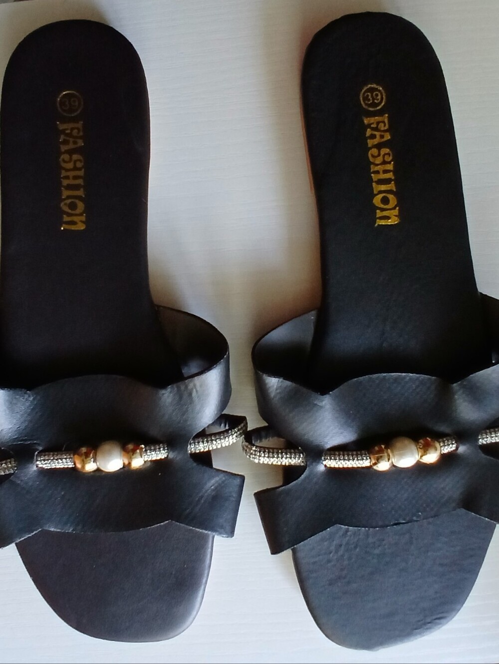 Black Slide Sandals with Gold Accent -